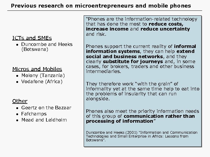 Previous research on microentrepreneurs and mobile phones ICTs and SMEs l Duncombe and Heeks