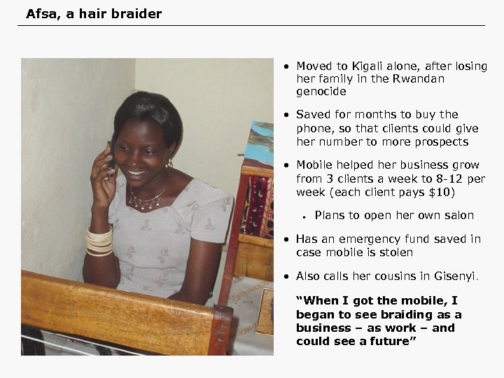 Afsa, a hair braider • Moved to Kigali alone, after losing her family in