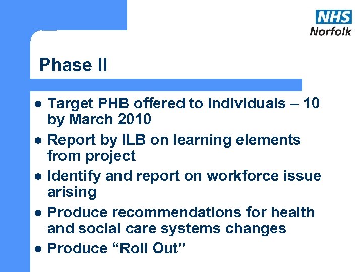 Phase II l l l Target PHB offered to individuals – 10 by March