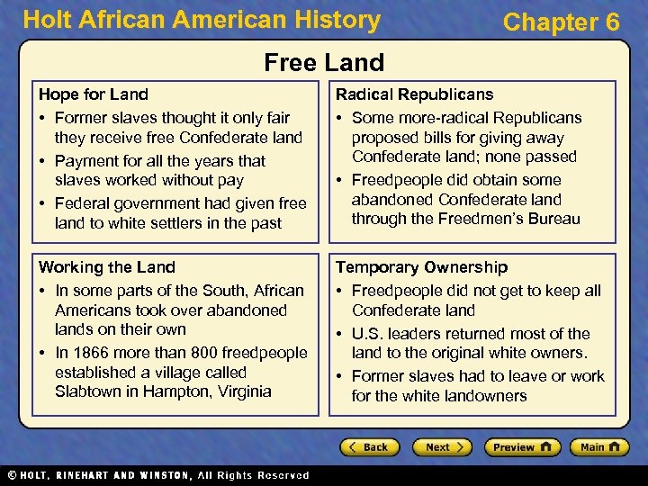Holt African American History Chapter 6 Free Land Hope for Land • Former slaves
