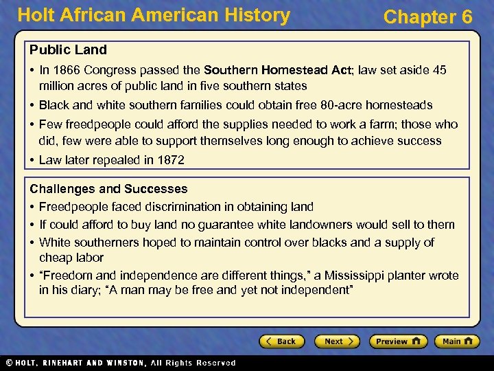 Holt African American History Chapter 6 Public Land • In 1866 Congress passed the
