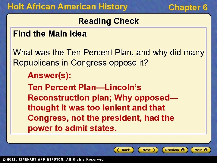 Holt African American History Chapter 6 Reading Check Find the Main Idea What was