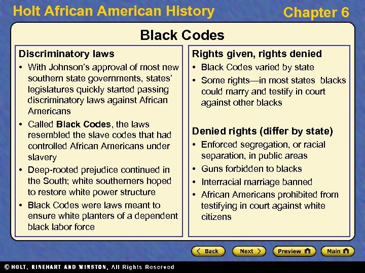 Holt African American History Chapter 6 Black Codes Discriminatory laws Rights given, rights denied