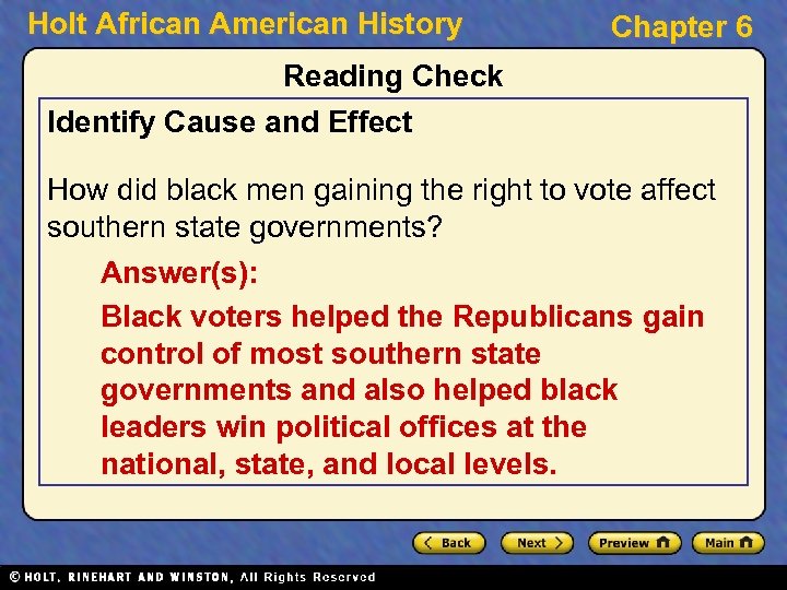 Holt African American History Chapter 6 Reading Check Identify Cause and Effect How did