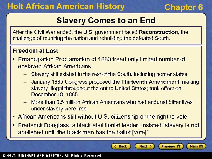 Holt African American History Chapter 6 Slavery Comes to an End After the Civil