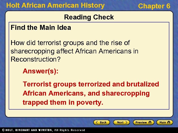 Holt African American History Chapter 6 Reading Check Find the Main Idea How did