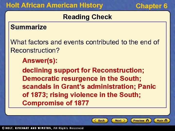 Holt African American History Chapter 6 Reading Check Summarize What factors and events contributed