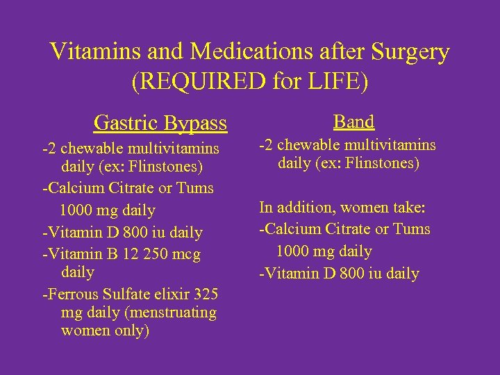 Vitamins and Medications after Surgery (REQUIRED for LIFE) Gastric Bypass -2 chewable multivitamins daily