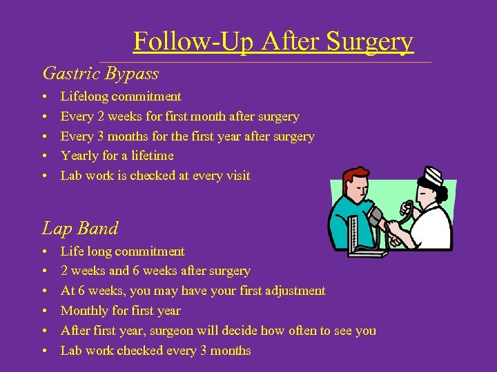 Follow-Up After Surgery Gastric Bypass • • • Lifelong commitment Every 2 weeks for