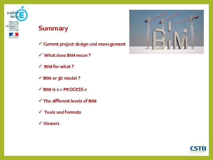 Summary Current project design and management What does BIM mean ? BIM for what