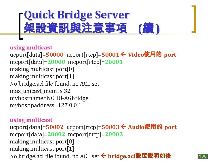 Quick Bridge Server 架設資訊與注意事項 (續 ) using multicast ucport[data]=50000 ucport[rtcp]=50001 Video使用的 port mcport[data]=20000 mcport[rtcp]=20001