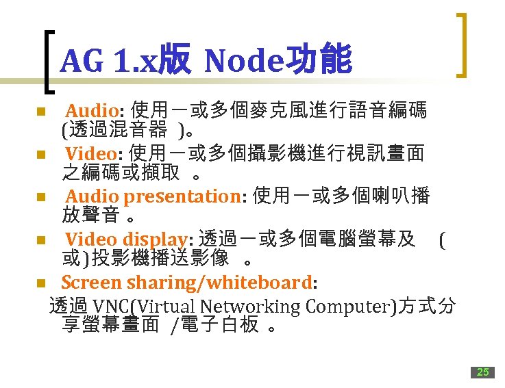 AG 1. x版 Node功能 Audio: 使用一或多個麥克風進行語音編碼 (透過混音器 )。 n Video: 使用一或多個攝影機進行視訊畫面 之編碼或擷取 。 n