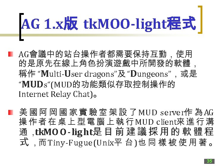 AG 1. x版 tk. MOO-light程式 AG會議中的站台操作者都需要保持互動，使用 的是原先在線上角色扮演遊戲中所開發的軟體， 稱作 “Multi-User dragons”及 “Dungeons”，或是 “MUDs“(MUD的功能類似存取控制操作的 Internet Relay