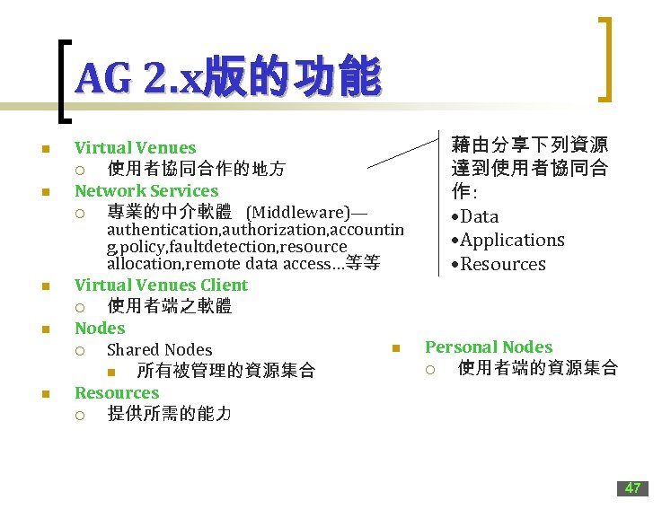 AG 2. x版的功能 n n n Virtual Venues ¡ 使用者協同合作的地方 Network Services ¡ 專業的中介軟體