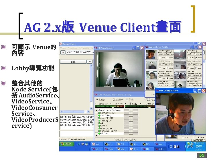 AG 2. x版 Venue Client畫面 可顯示 Venue的 內容 Lobby導覽功能 整合其他的 Node Service(包 括 Audio.