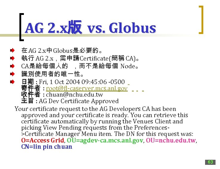 AG 2. x版 vs. Globus 在 AG 2. x中 Globus是必要的。 執行 AG 2. x，需申請Certificate(簡稱