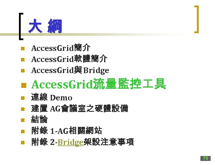 大綱 n Access. Grid簡介 Access. Grid軟體簡介 Access. Grid與 Bridge n Access. Grid流量監控 具 n