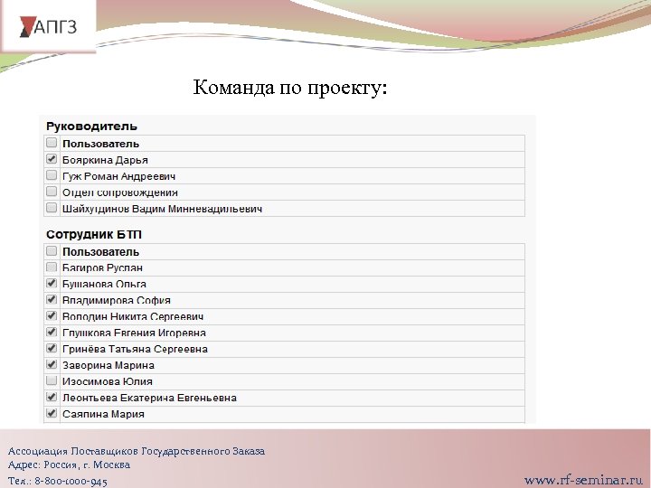 Команда по проекту: Ассоциация Поставщиков Государственного Заказа Адрес: Россия, г. Москва Тел. : 8