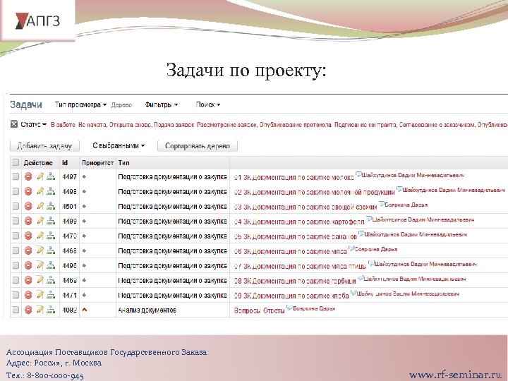 Задачи по проекту: Ассоциация Поставщиков Государственного Заказа Адрес: Россия, г. Москва Тел. : 8