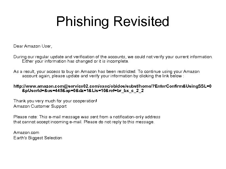Phishing Revisited Dear Amazon User, During our regular update and verification of the accounts,