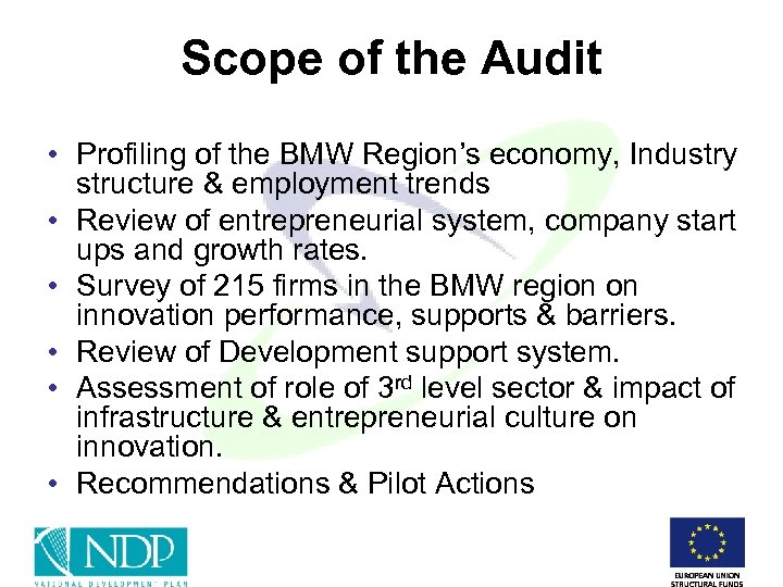 Scope of the Audit • Profiling of the BMW Region’s economy, Industry structure &