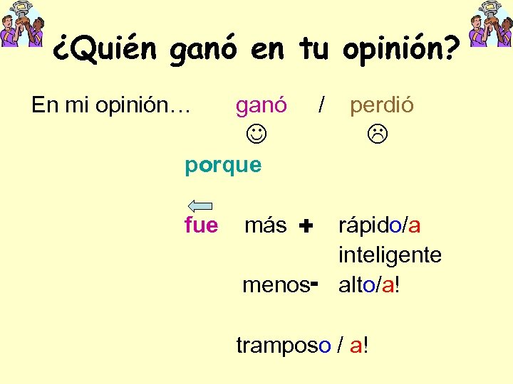 ¿Quién ganó en tu opinión? En mi opinión… ganó / perdió porque fue más