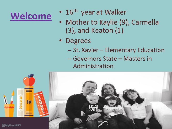 Welcome • 16 th year at Walker • Mother to Kaylie (9), Carmella (3),