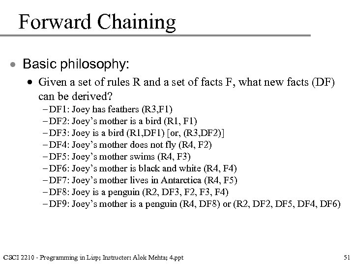 Forward Chaining · Basic philosophy: · Given a set of rules R and a