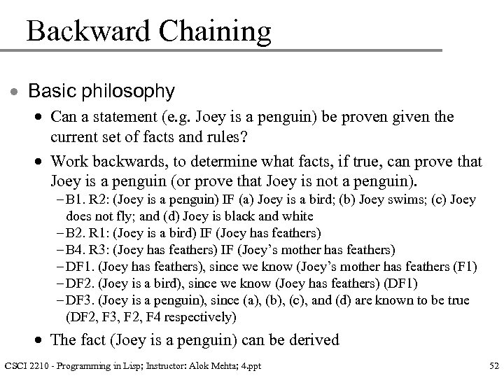 Backward Chaining · Basic philosophy · Can a statement (e. g. Joey is a