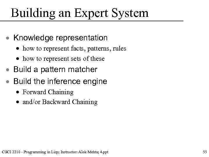 Building an Expert System · Knowledge representation · how to represent facts, patterns, rules