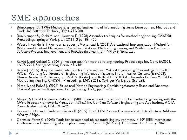 SME approaches Brinkkemper S. (1996) Method Engineering: Engineering of Information Systems Development Methods and