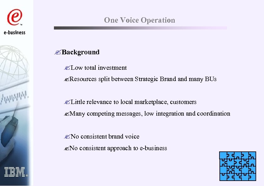 One Voice Operation ? Background ? Low total investment ? Resources split between Strategic