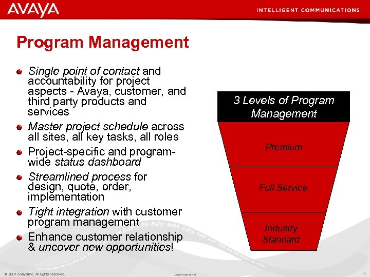 Program Management Single point of contact and accountability for project aspects - Avaya, customer,