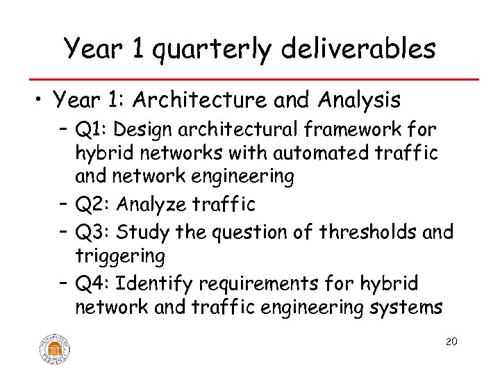 Year 1 quarterly deliverables • Year 1: Architecture and Analysis – Q 1: Design