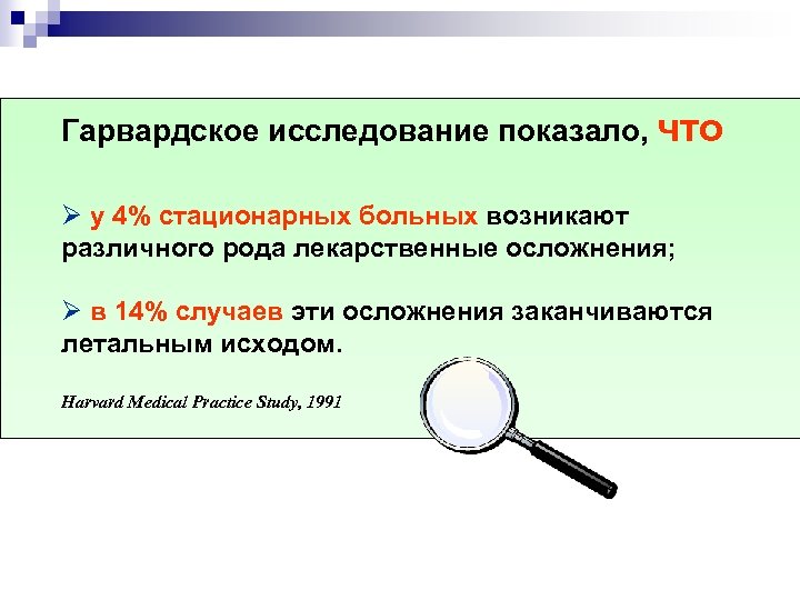 Гарвардское исследование показало, что Ø у 4% стационарных больных возникают различного рода лекарственные осложнения;