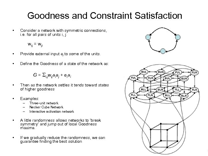 Goodness and Constraint Satisfaction • Consider a network with symmetric connections, i. e. for