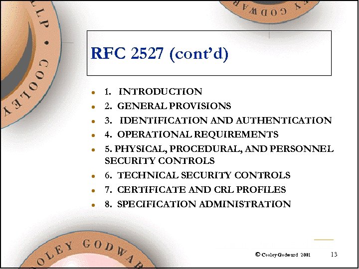 RFC 2527 (cont’d) l l l l 1. INTRODUCTION 2. GENERAL PROVISIONS 3. IDENTIFICATION