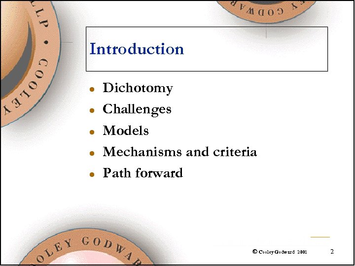 Introduction l l l Dichotomy Challenges Models Mechanisms and criteria Path forward © Cooley