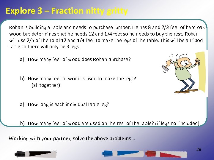 Explore 3 – Fraction nitty gritty Rohan is building a table and needs to