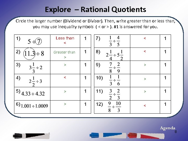 Explore – Rational Quotients Circle the larger number (Dividend or Divisor). Then, write greater