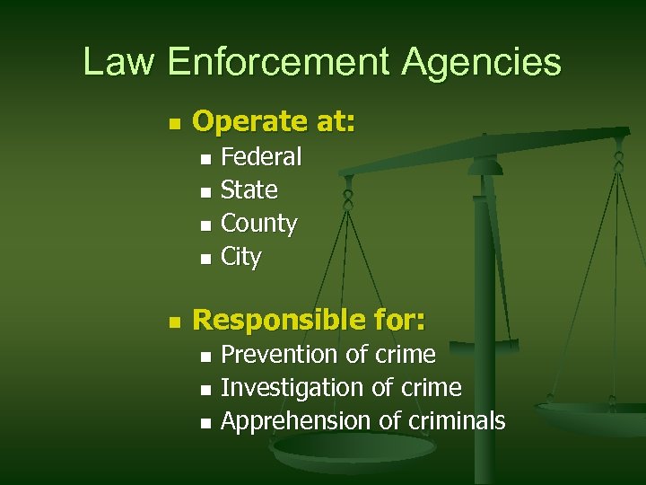 Law Enforcement Agencies n Operate at: Federal n State n County n City n