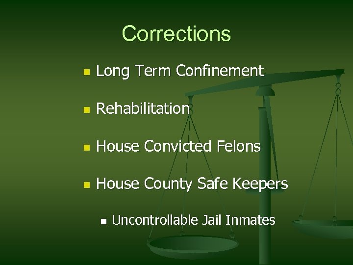 Corrections n Long Term Confinement n Rehabilitation n House Convicted Felons n House County