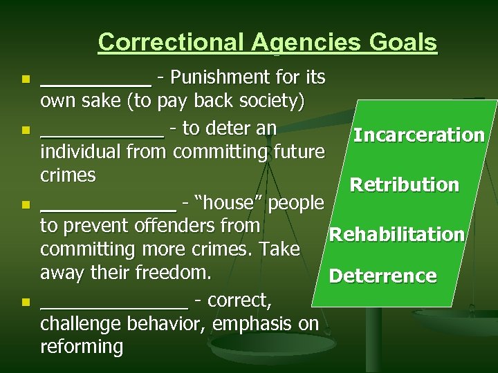 Correctional Agencies Goals n n _____ - Punishment for its own sake (to pay