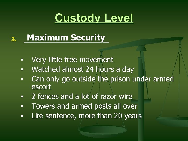 Custody Level 3. Maximum Security ________ § § § Very little free movement Watched