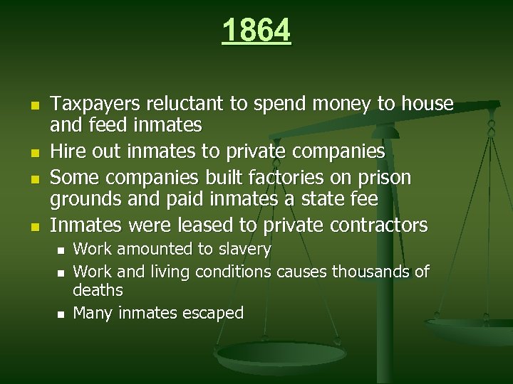 1864 n n Taxpayers reluctant to spend money to house and feed inmates Hire