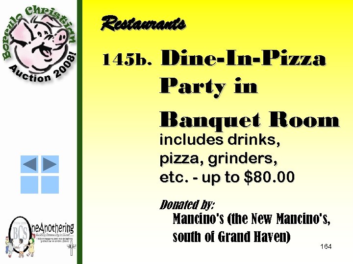 Restaurants 145 b. Dine-In-Pizza Party in Banquet Room includes drinks, pizza, grinders, etc. -