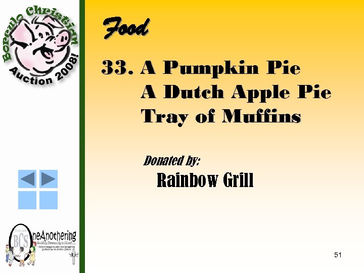 Food 33. A Pumpkin Pie A Dutch Apple Pie Tray of Muffins Donated by: