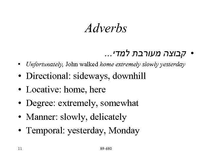 Adverbs. . . • קבוצה מעורבת למדי • Unfortunately, John walked home extremely slowly