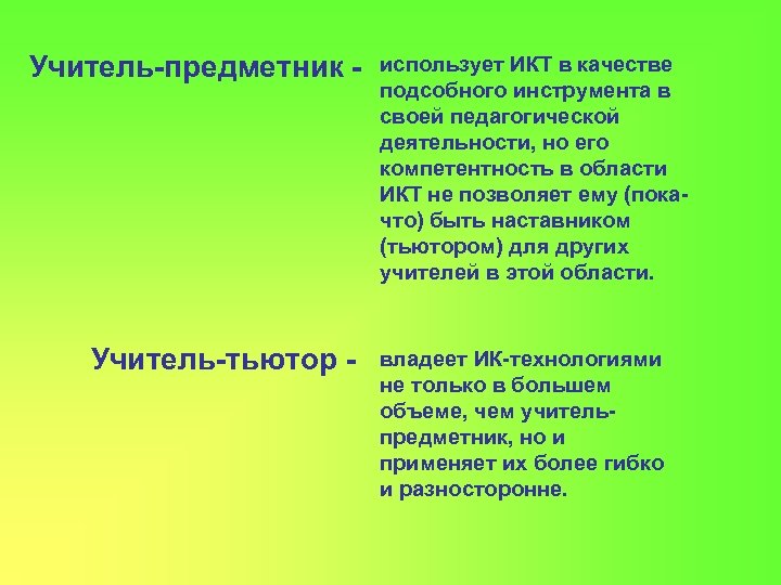 Учитель-предметник - Учитель-тьютор - использует ИКТ в качестве подсобного инструмента в своей педагогической деятельности,