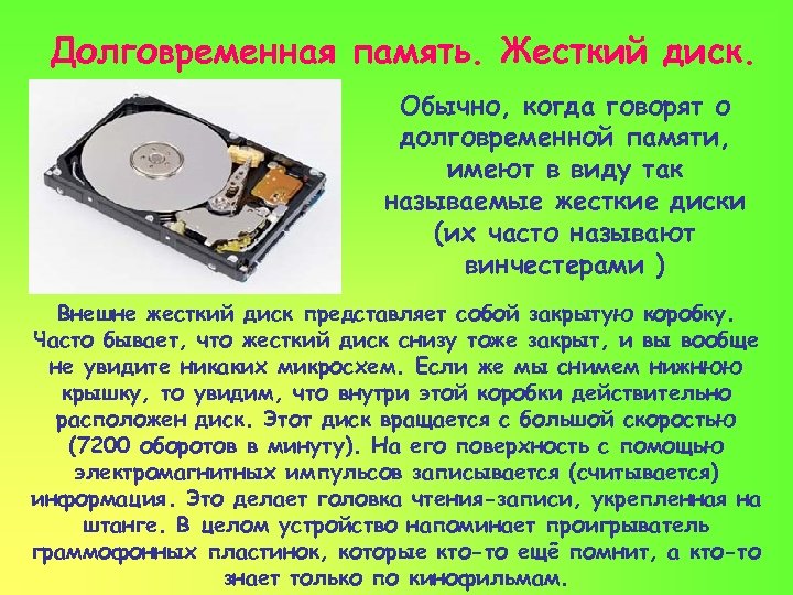 Долговременная память. Жесткий диск. Обычно, когда говорят о долговременной памяти, имеют в виду так